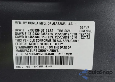 2018 Honda Odyssey Elite from USA, damaged, VIN 5FNRL6H99JB044540